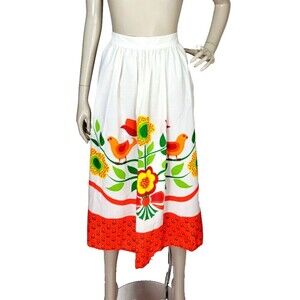 70s Vintage Colorful Floral Bird Border Print Tie-Back Long Hostess Skirt Apron